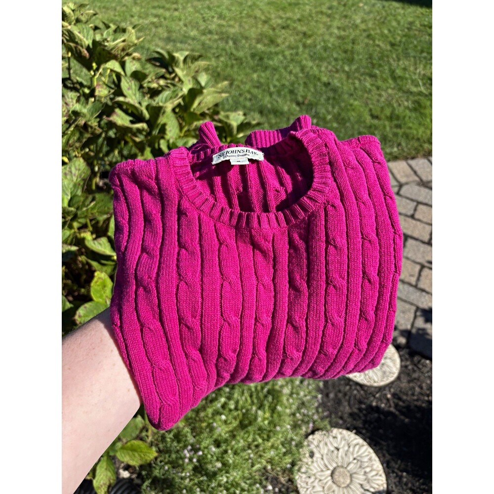 Vintage St. John's Bay Cable Knit Cotton Pullover Sweater RARE Fuchsia Size M